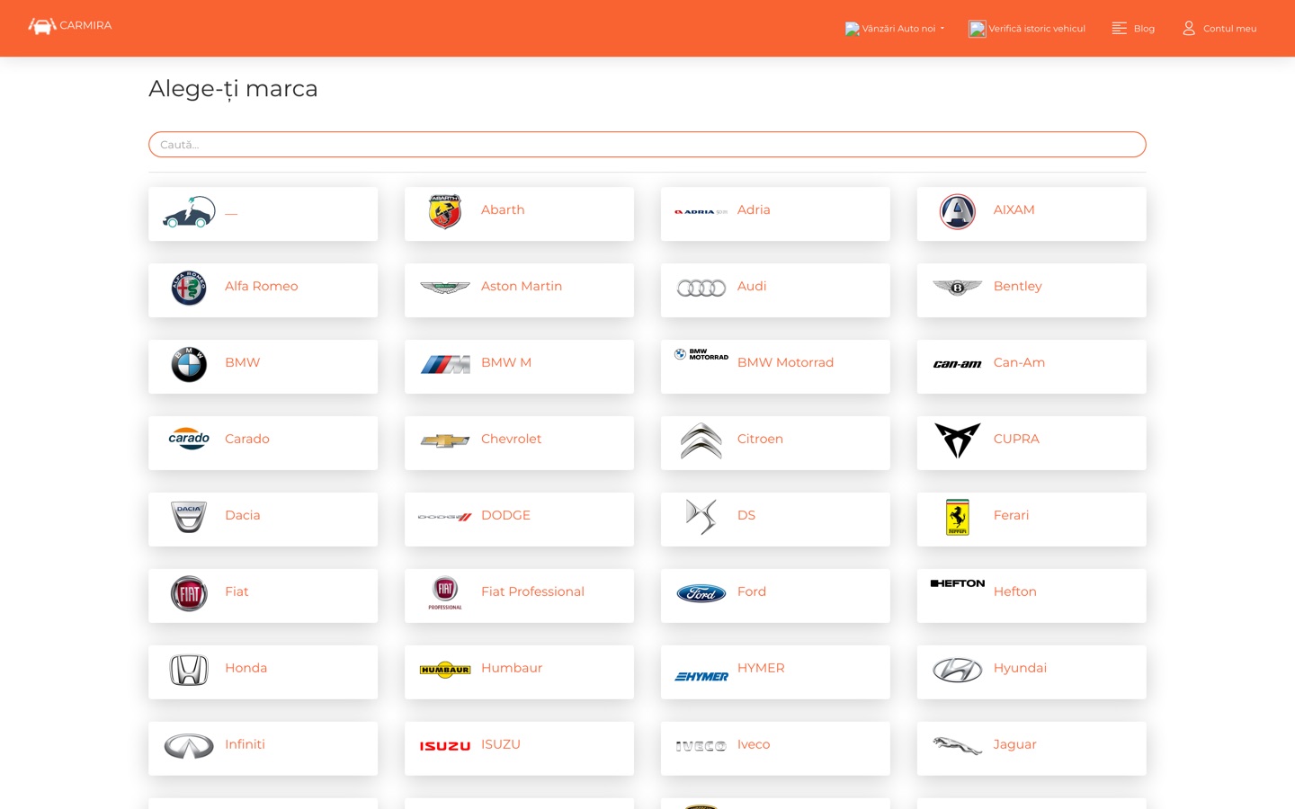 The brand catalogue page listing car makes with their logos