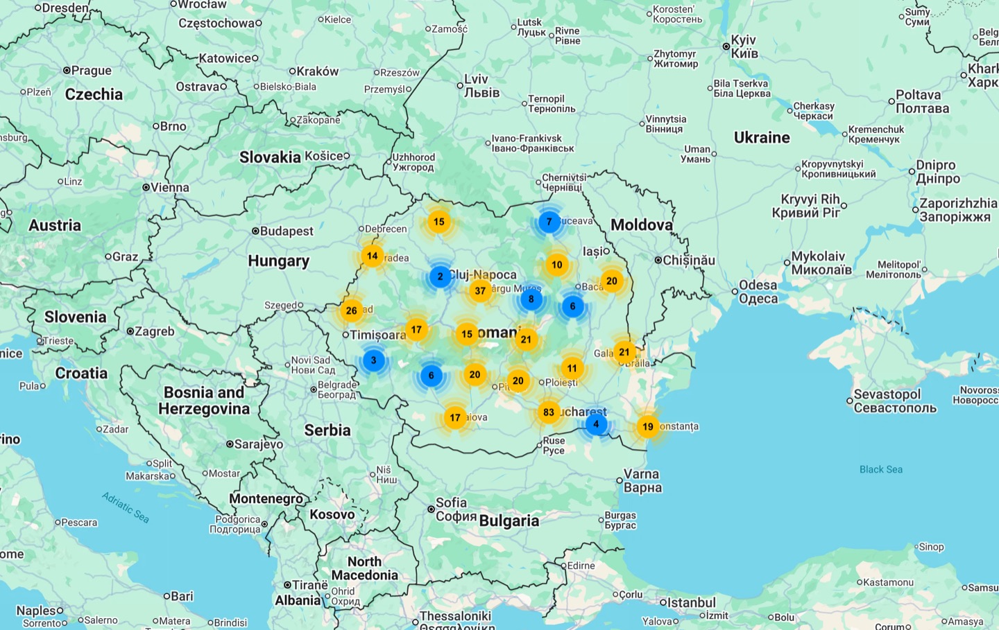 Map of Romania with clusters of authorised dealers