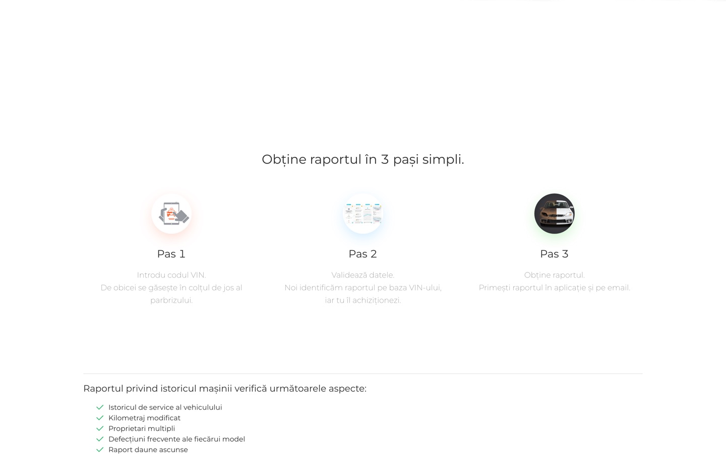 Vehicle-history check page with a VIN input and the three steps to a report