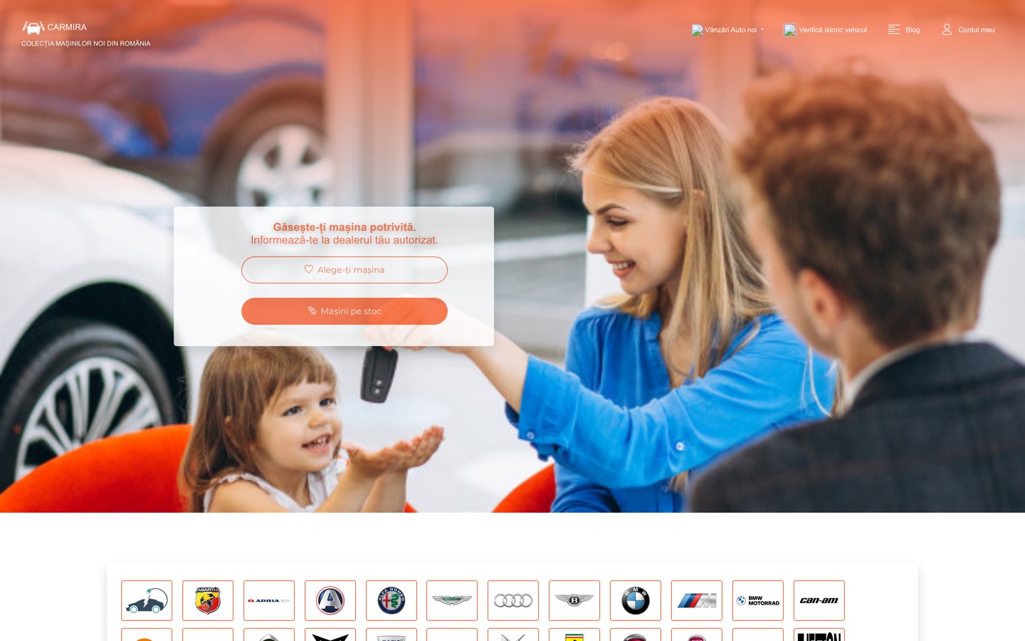 Carmira home page: a hero with the search card over a dealership photo, and the brand strip below